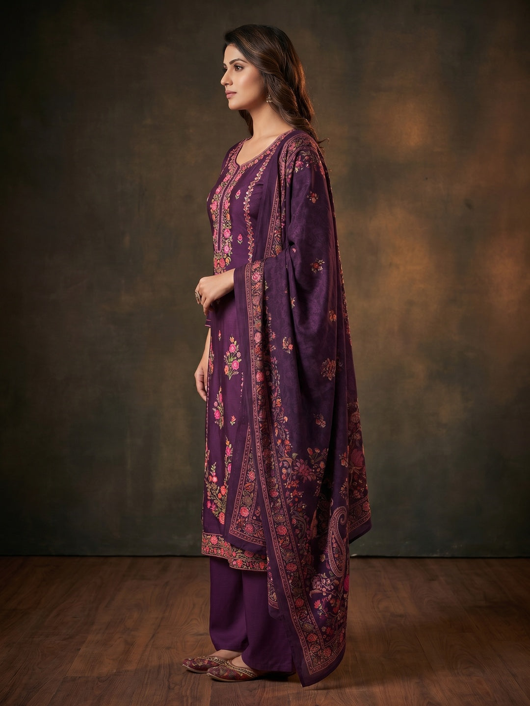 Purple Floral Sequins Embroidered Art Silk Dress Material - Image 2