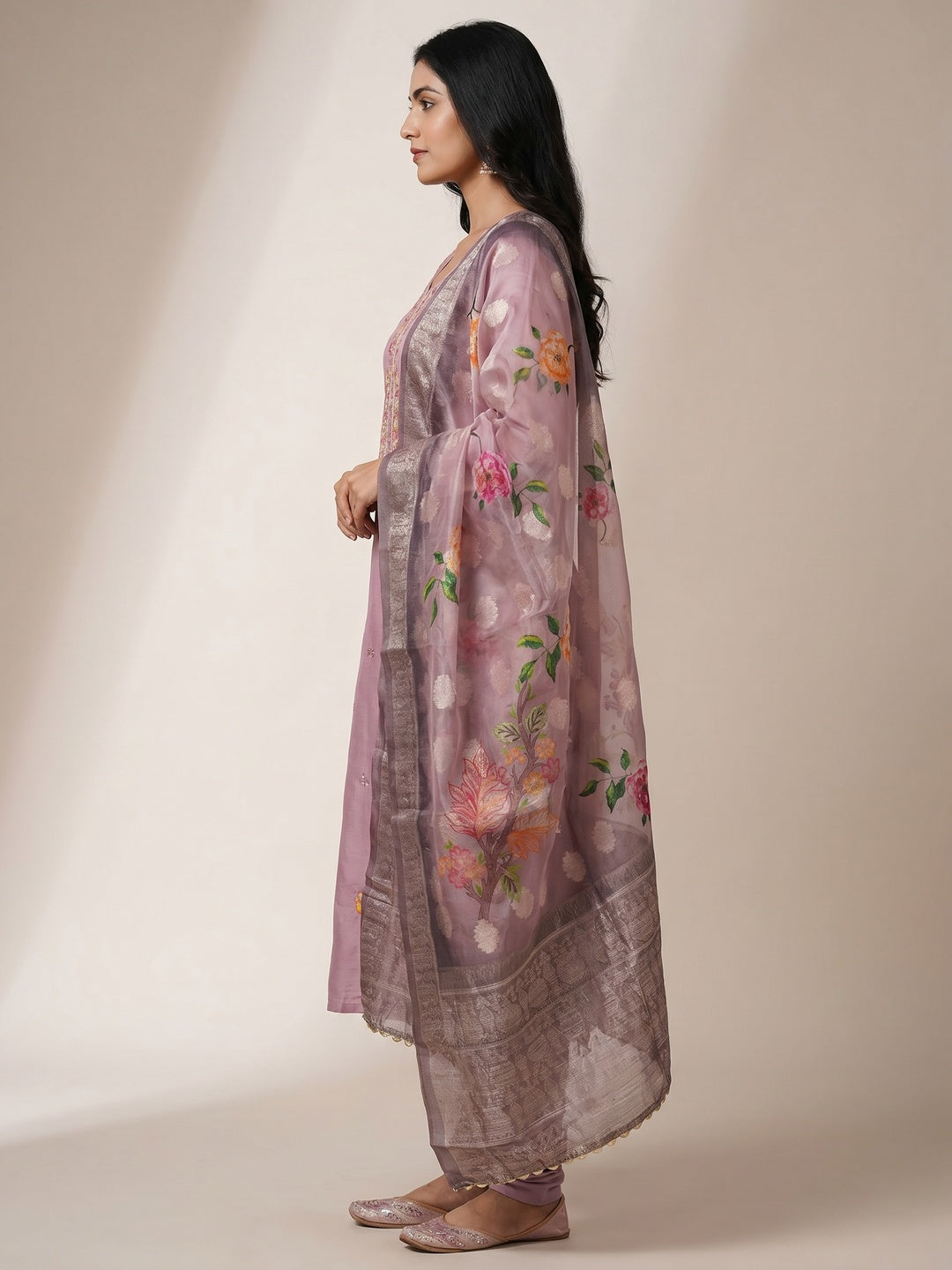 Onion Pink Floral Sequins Embroidered Cotton Roman Silk Dress Material - Image 2