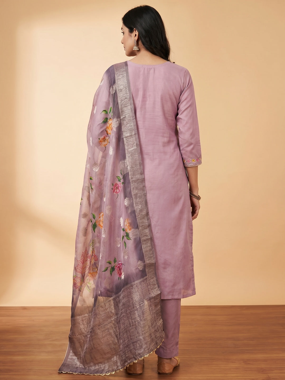 Onion Pink Floral Sequins Embroidered Cotton Roman Silk Dress Material - Image 3