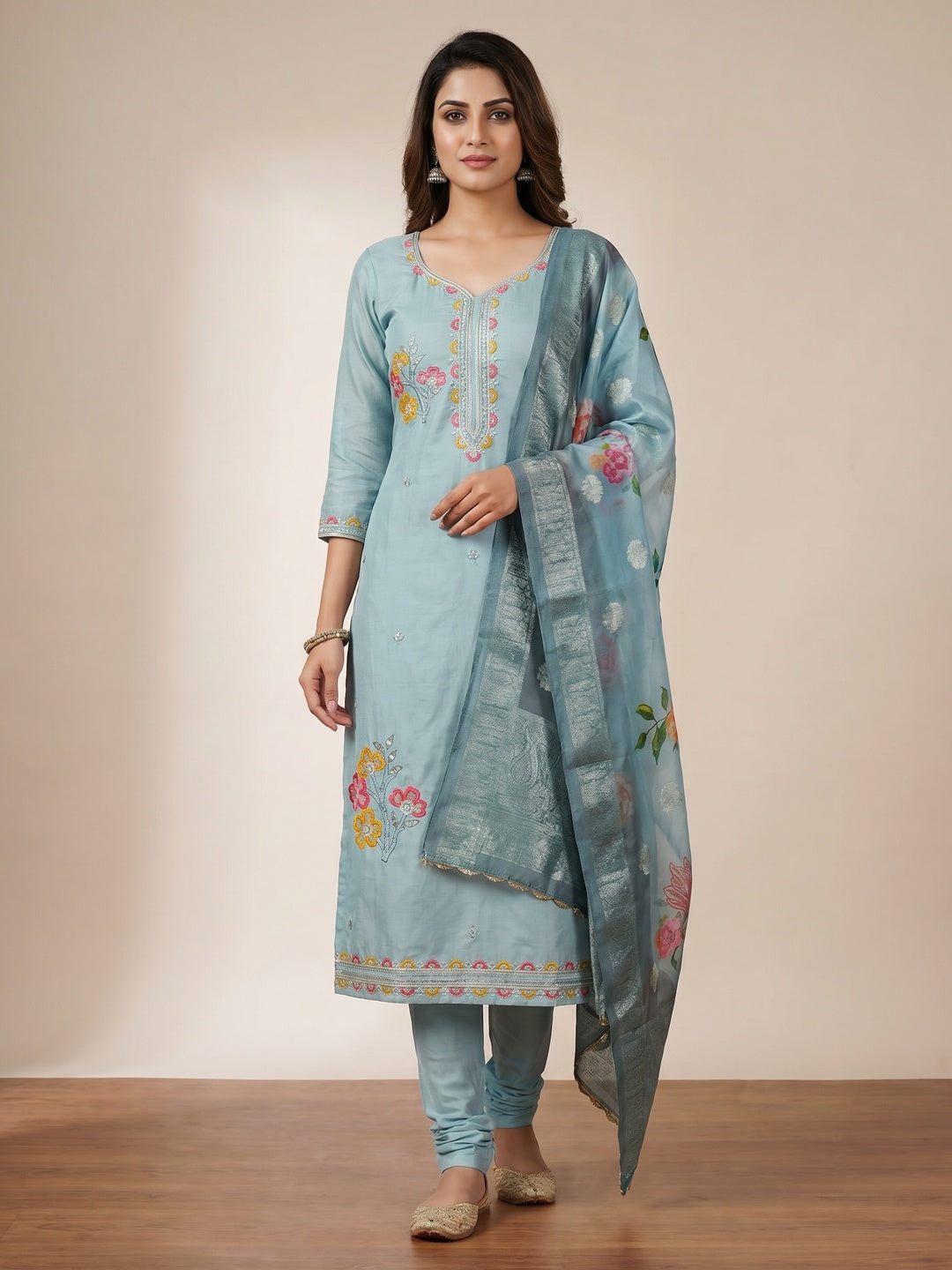 Blue Floral Sequins Embroidered Cotton Roman Silk Dress Material - Image 1
