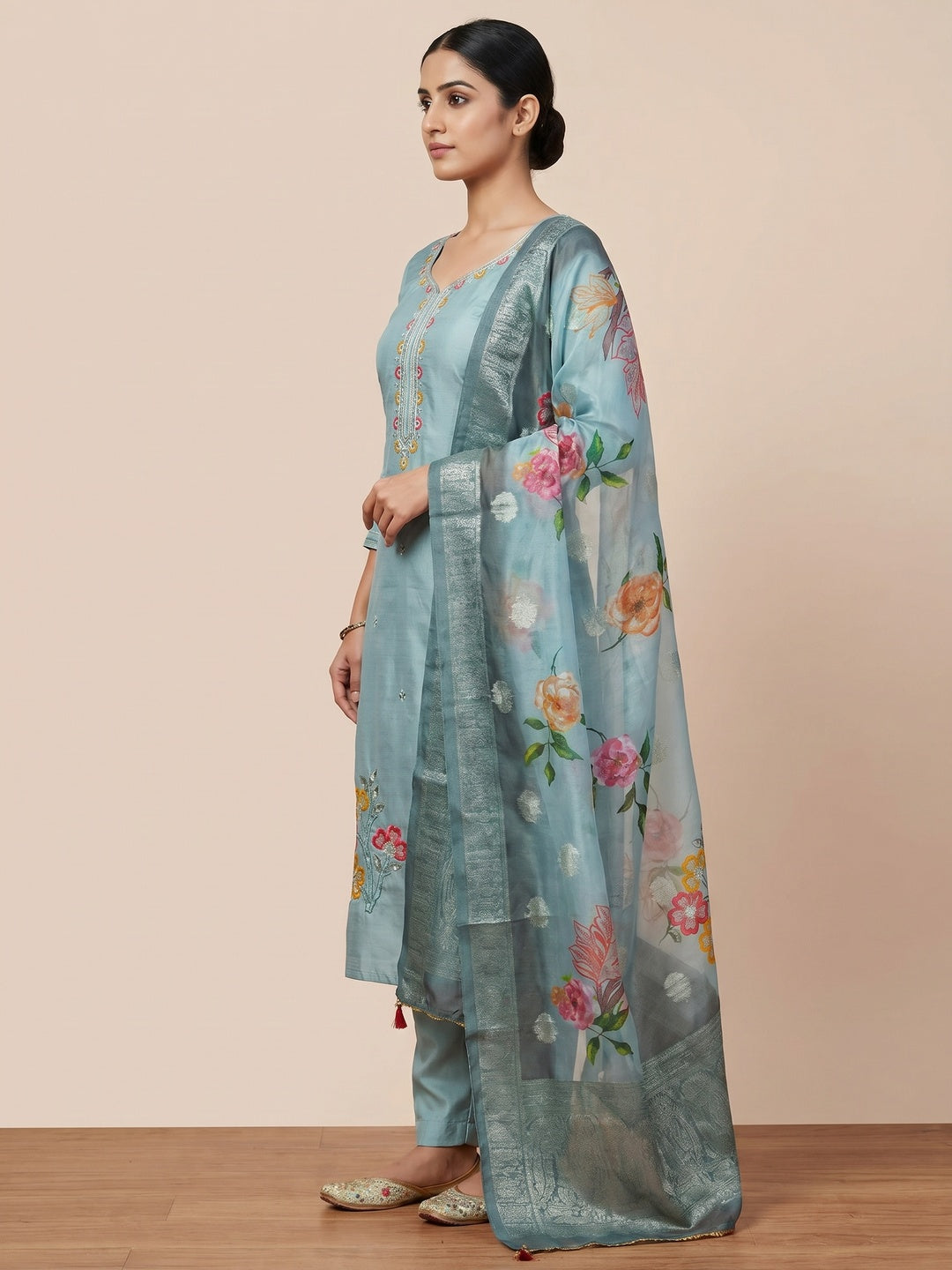 Blue Floral Sequins Embroidered Cotton Roman Silk Dress Material - Image 3