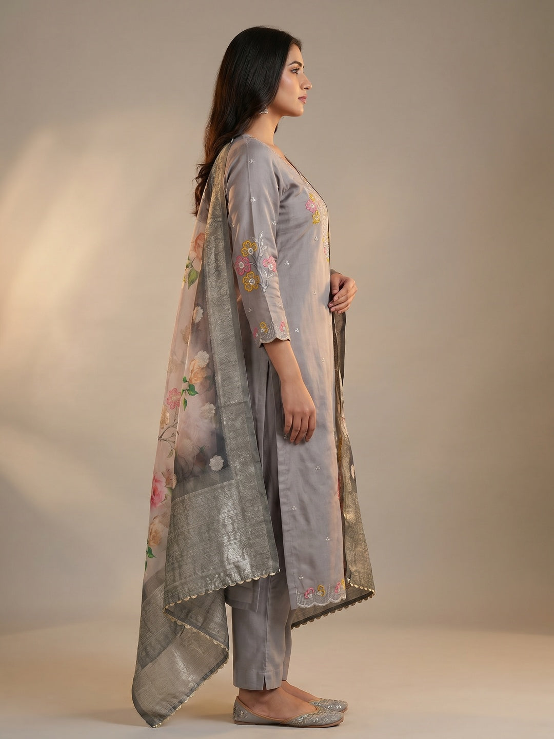 Grey Floral Sequins Embroidered Cotton Roman Silk Dress Material - Image 2