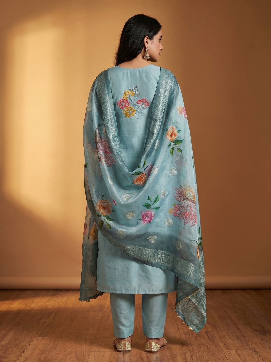 Blue Floral Sequins Embroidered Cotton Roman Silk Dress Material - Image 2