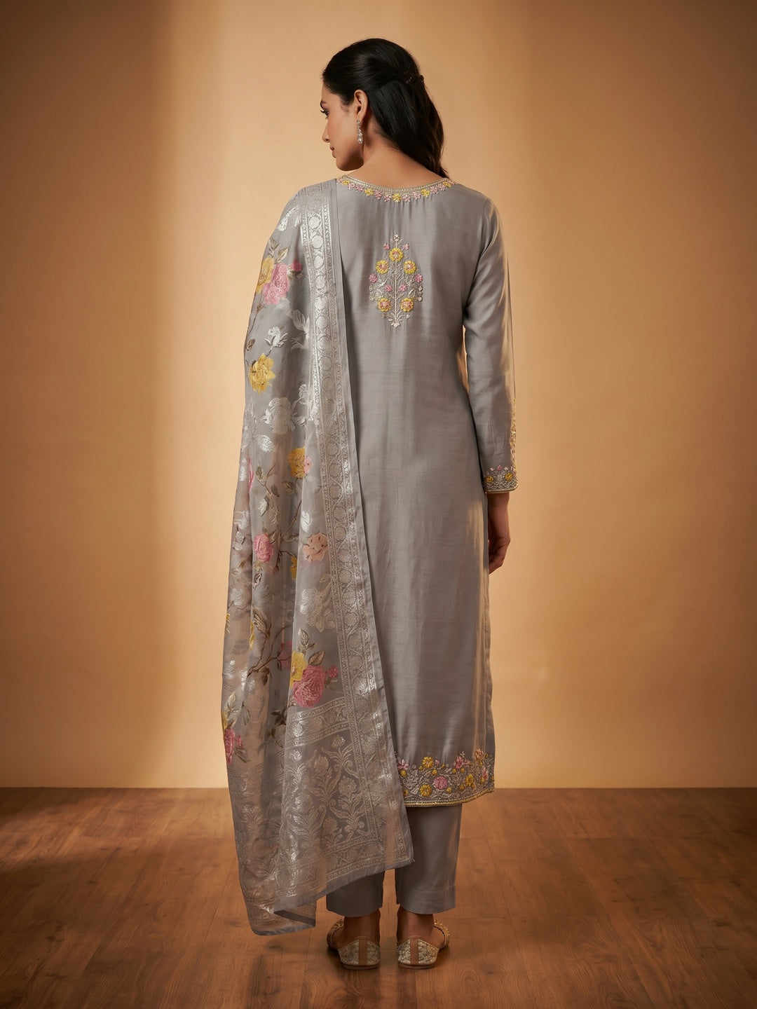 Grey Floral Sequins Embroidered Cotton Roman Silk Dress Material - Image 3