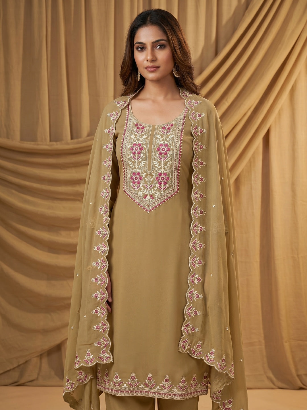 Chikoo Floral Sequins Embroidered Georgette Dress Material - Image 1