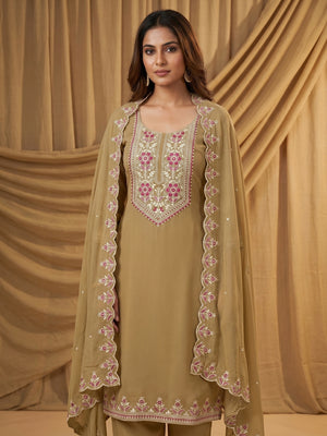 Chikoo Floral Sequins Embroidered Georgette Dress Material - Image 1