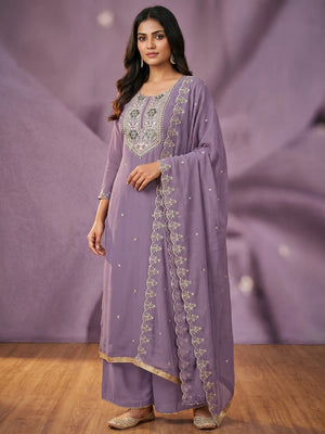 Lavender Floral Sequins Embroidered Georgette Dress Material - Image 1