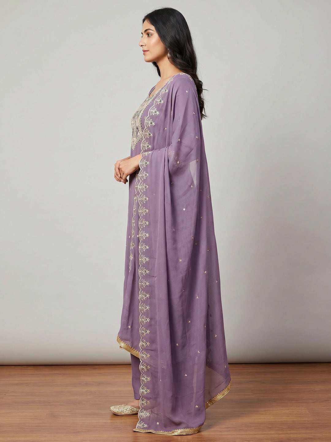 Lavender Floral Sequins Embroidered Georgette Dress Material - Image 3