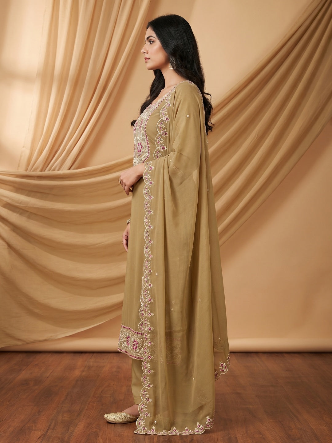 Chikoo Floral Sequins Embroidered Georgette Dress Material - Image 2