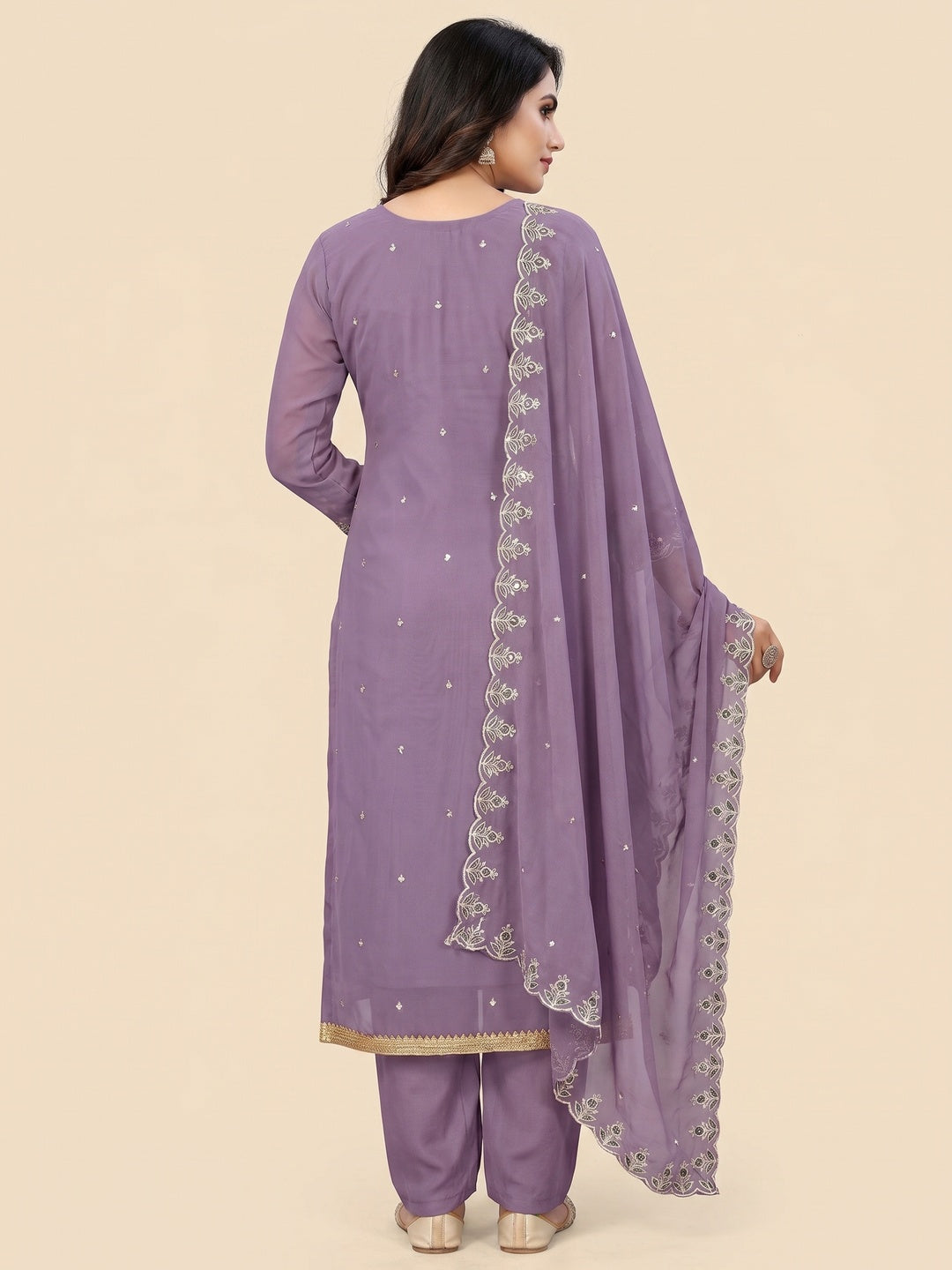 Lavender Floral Sequins Embroidered Georgette Dress Material - Image 2