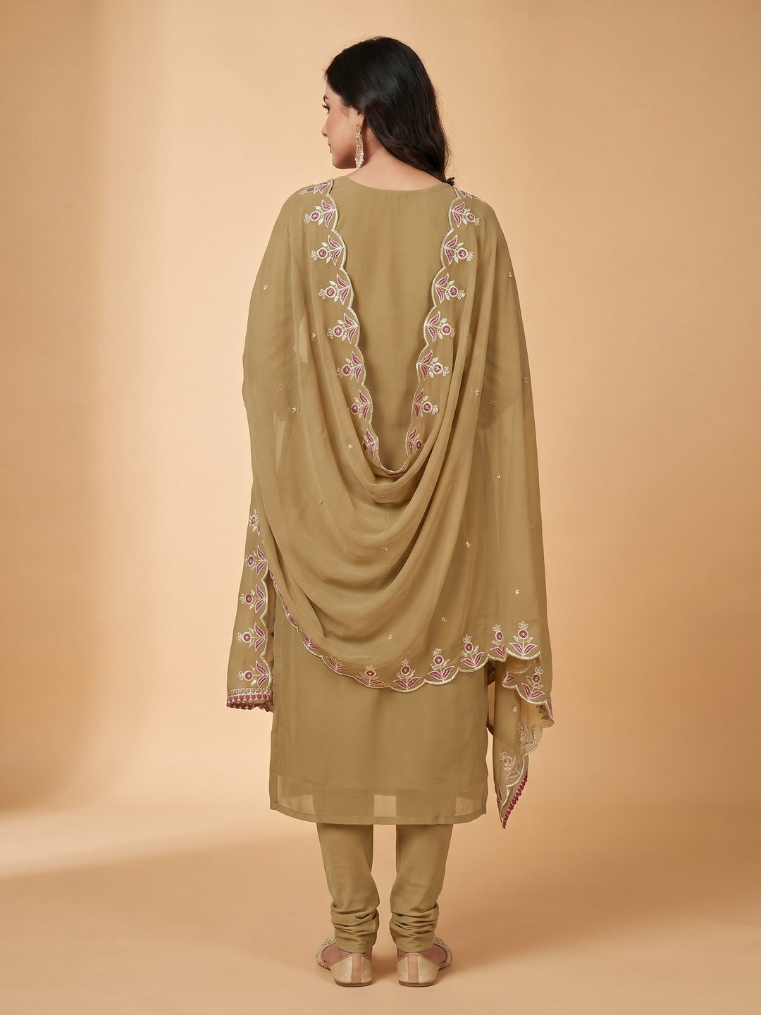 Chikoo Floral Sequins Embroidered Georgette Dress Material - Image 3