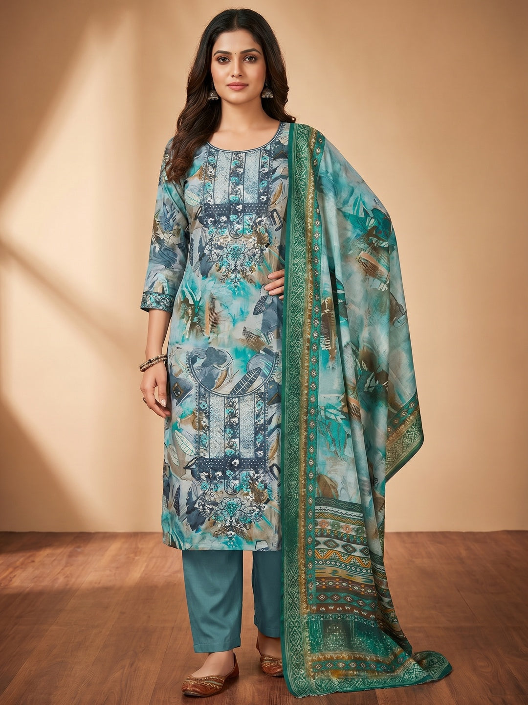 Rama Blue Floral Foil Printed With Embroidery Modal Cotton Silk Dress Material - Image 1