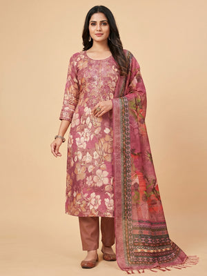 Pink Floral Foil Printed With Embroidery Modal Cotton Silk Dress Material - Image 1