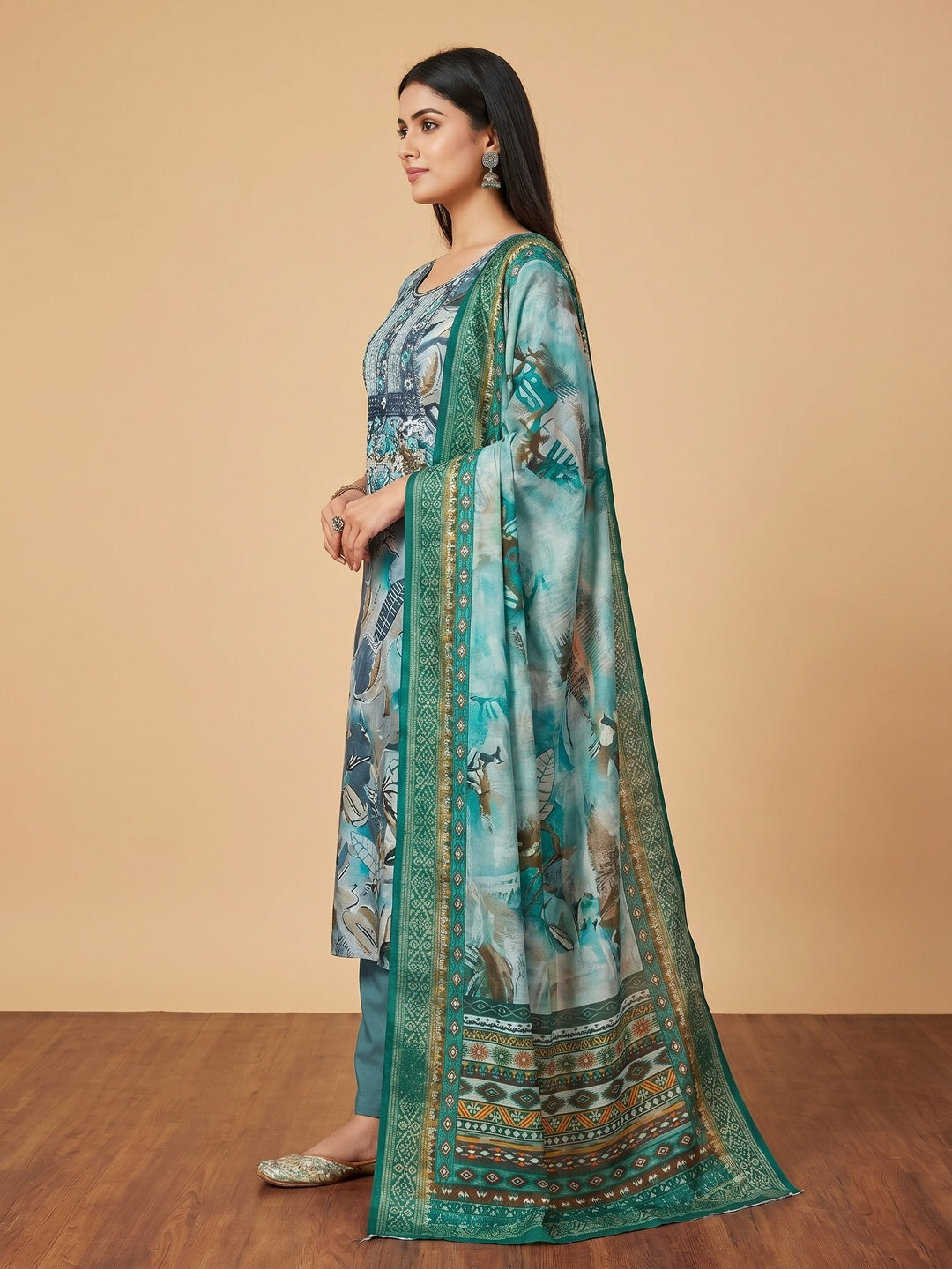 Rama Blue Floral Foil Printed With Embroidery Modal Cotton Silk Dress Material - Image 2