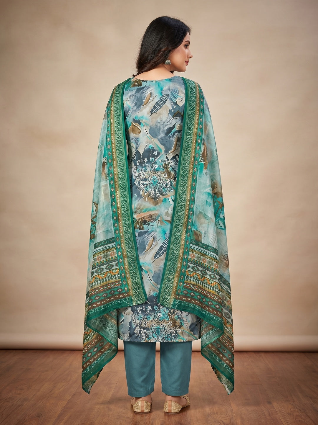 Rama Blue Floral Foil Printed With Embroidery Modal Cotton Silk Dress Material - Image 3