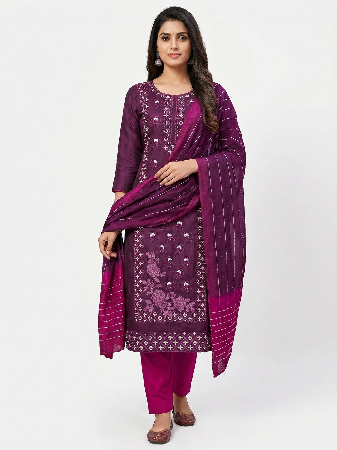 Purple Embroidered Art Silk Dress Material - Image 1