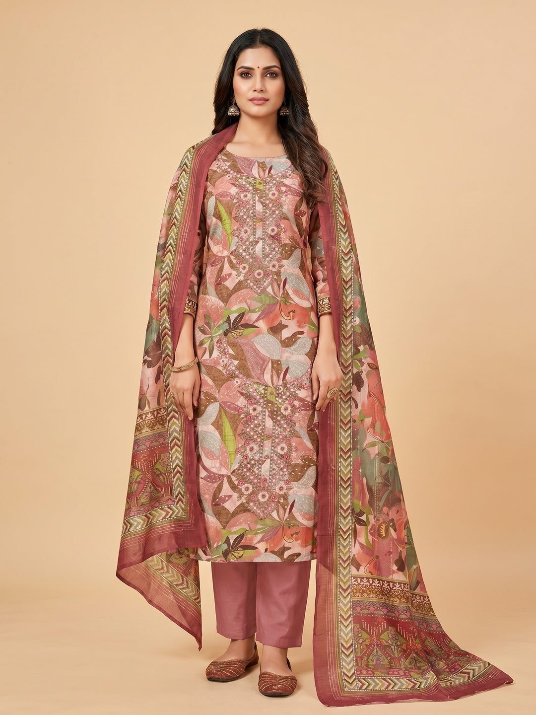 Peach Floral Foil Printed With Embroidery Modal Cotton Silk Dress Material - Image 1