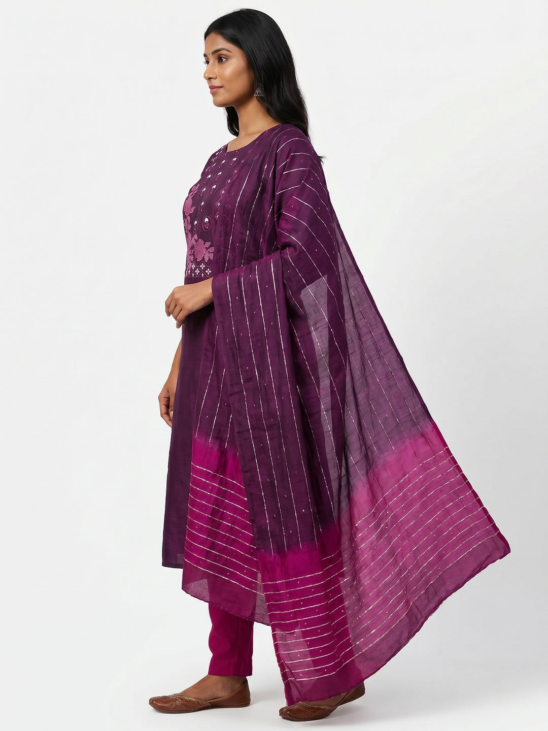 Purple Embroidered Art Silk Dress Material - Image 2