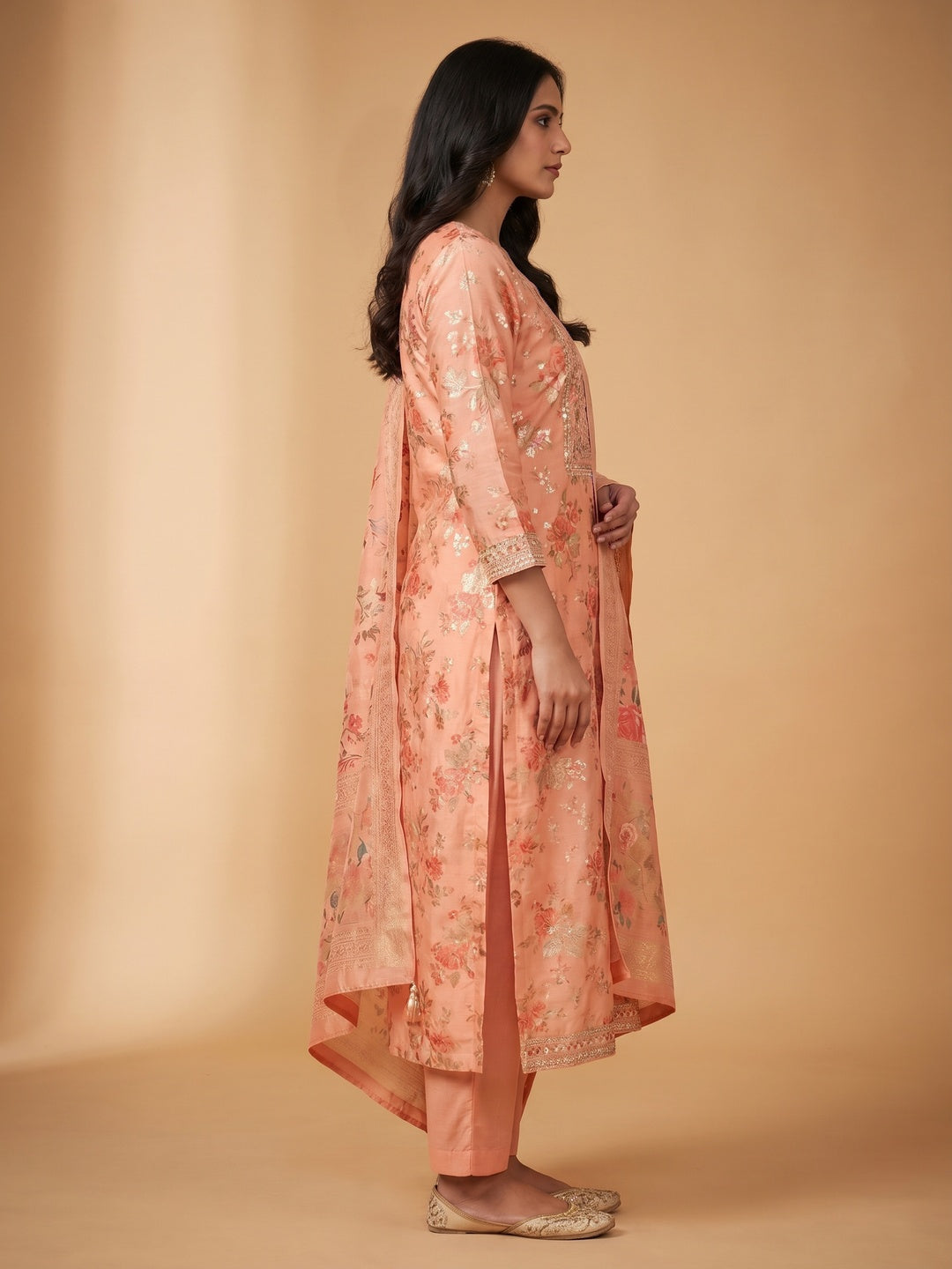 Peach Floral Foil Printed With Embroidery Modal Cotton Silk Dress Material - Image 3