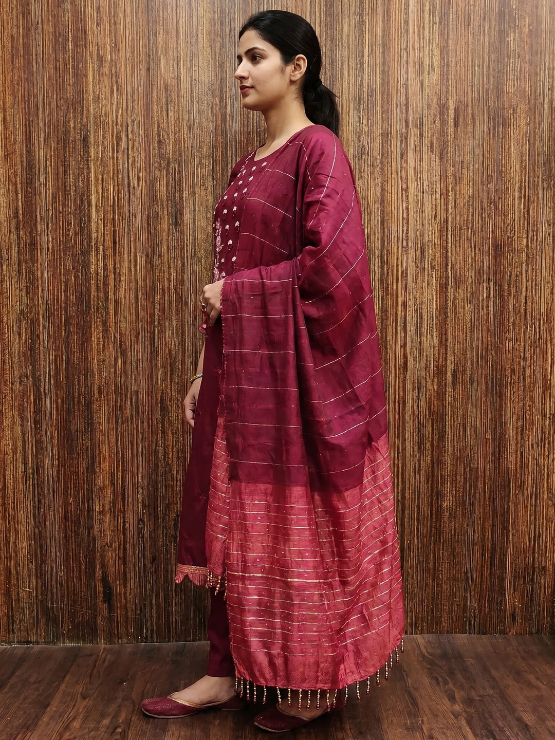 Maroon Embroidered Art Silk Dress Material - Image 2