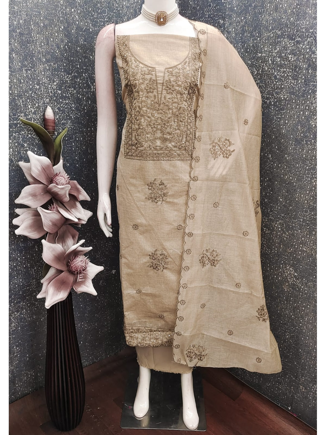 Peachmode Cream Linen Dress Material with Ethnic Motifs - Image 3