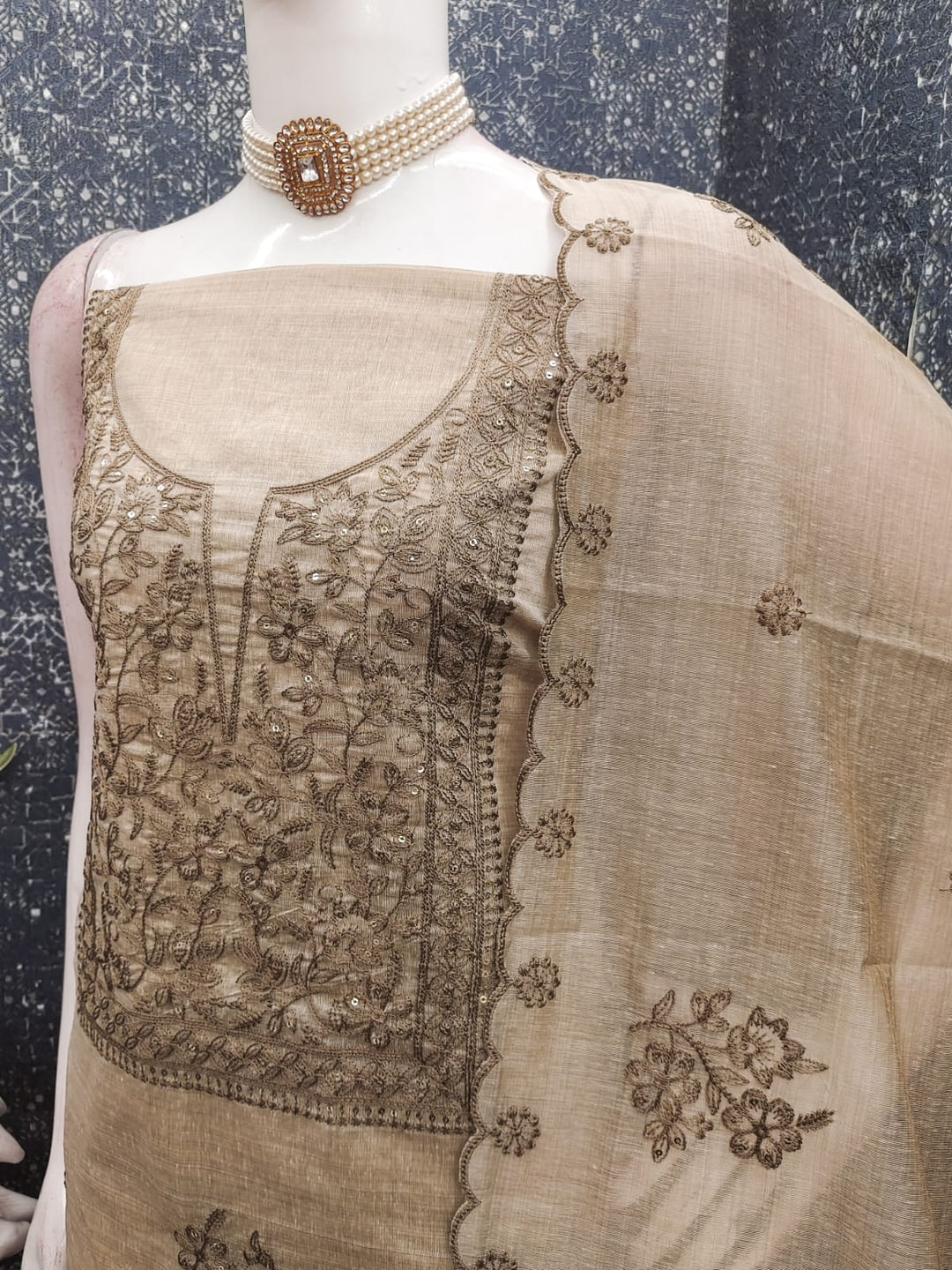 Peachmode Cream Linen Dress Material with Ethnic Motifs - Image 4