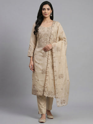 Peachmode Cream Linen Dress Material with Ethnic Motifs - Image 1