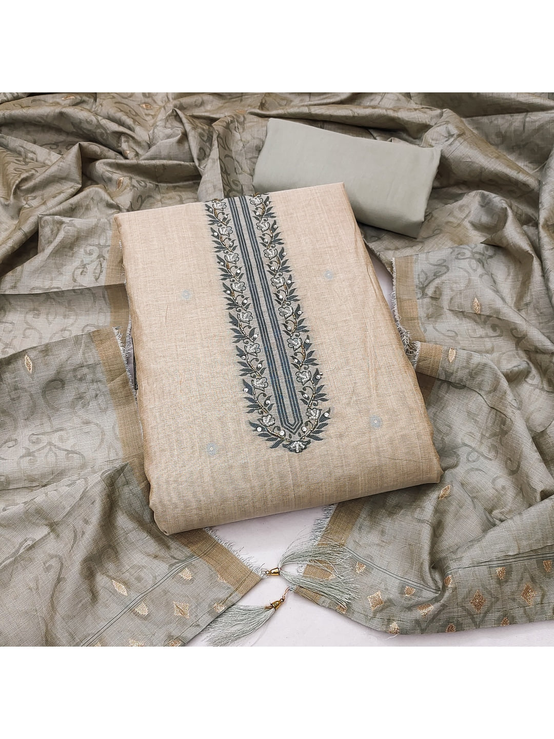 Peachmode Blue Linen Dress Material with Floral Print - Image 2