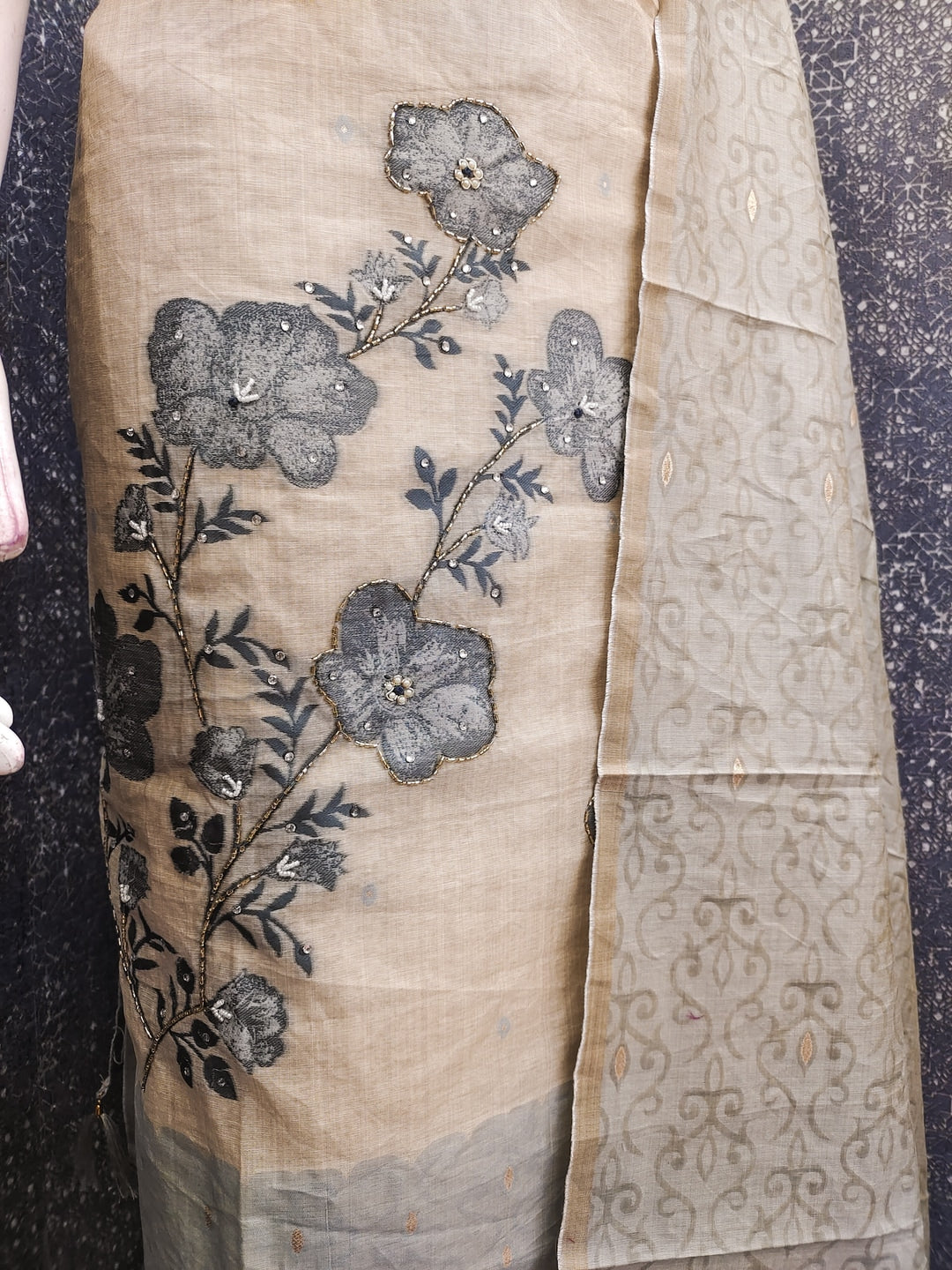 Peachmode Blue Linen Dress Material with Floral Print - Image 3