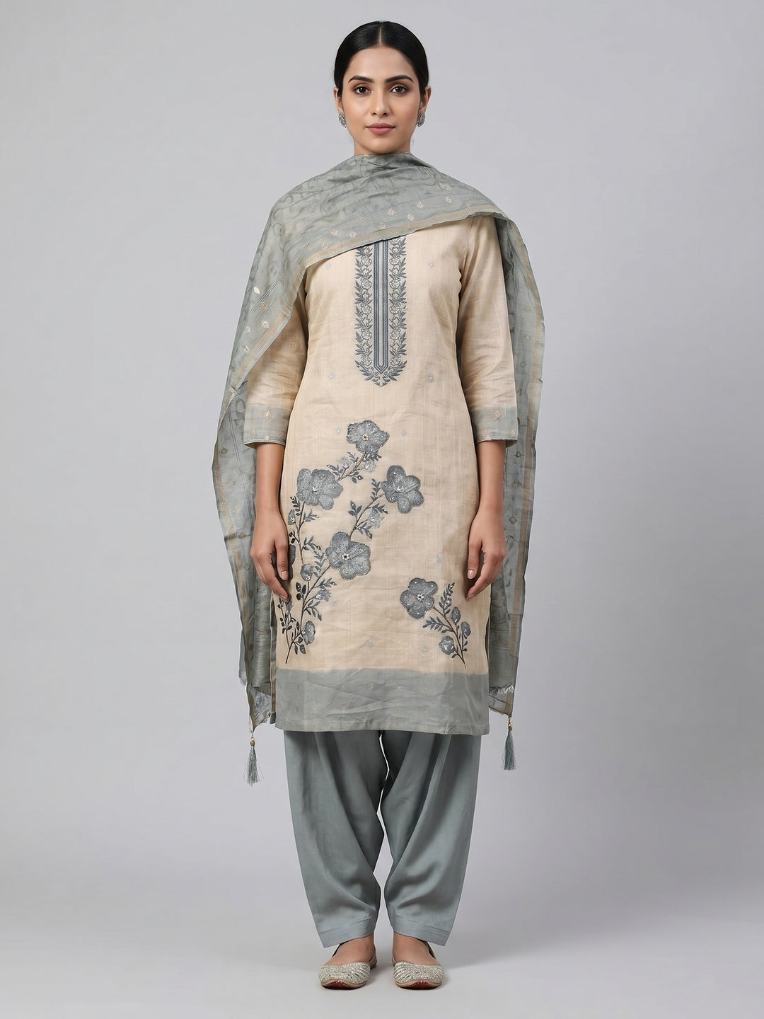 Peachmode Blue Linen Dress Material with Floral Print - Image 1