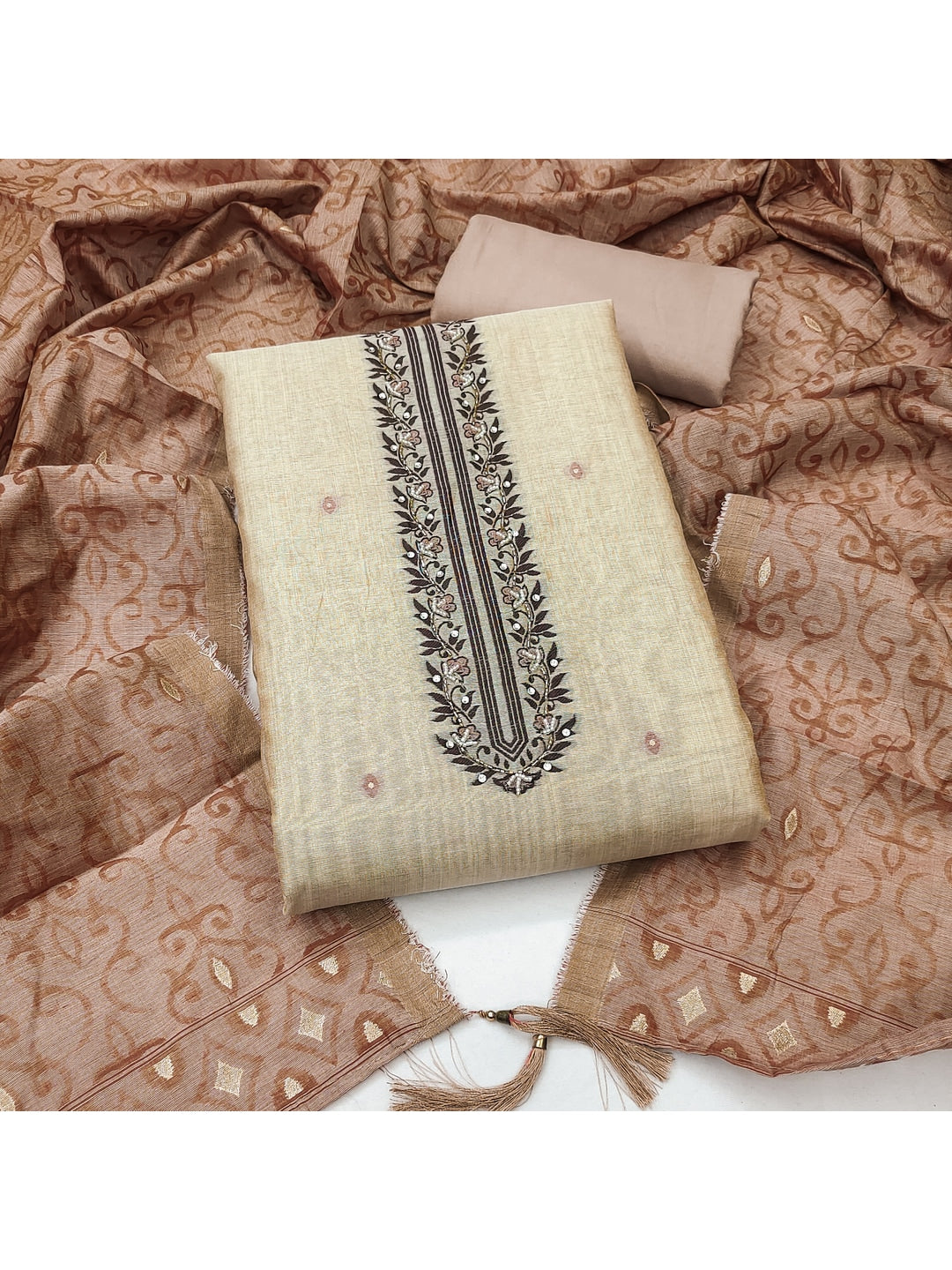 Peachmode Peach Linen Dress Material with Floral Print - Image 2