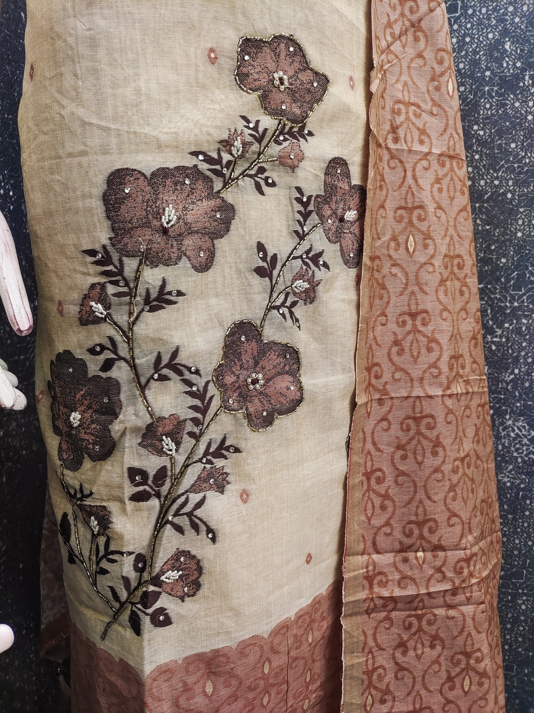 Peachmode Peach Linen Dress Material with Floral Print - Image 3