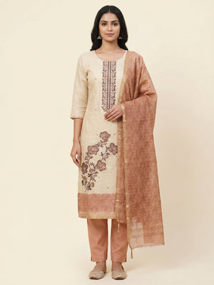 Peachmode Peach Linen Dress Material with Floral Print - Image 1