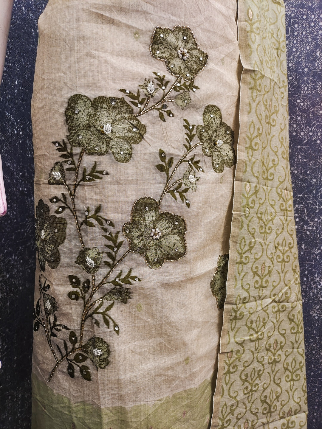 Peachmode Green Linen Dress Material with Floral Print - Image 2