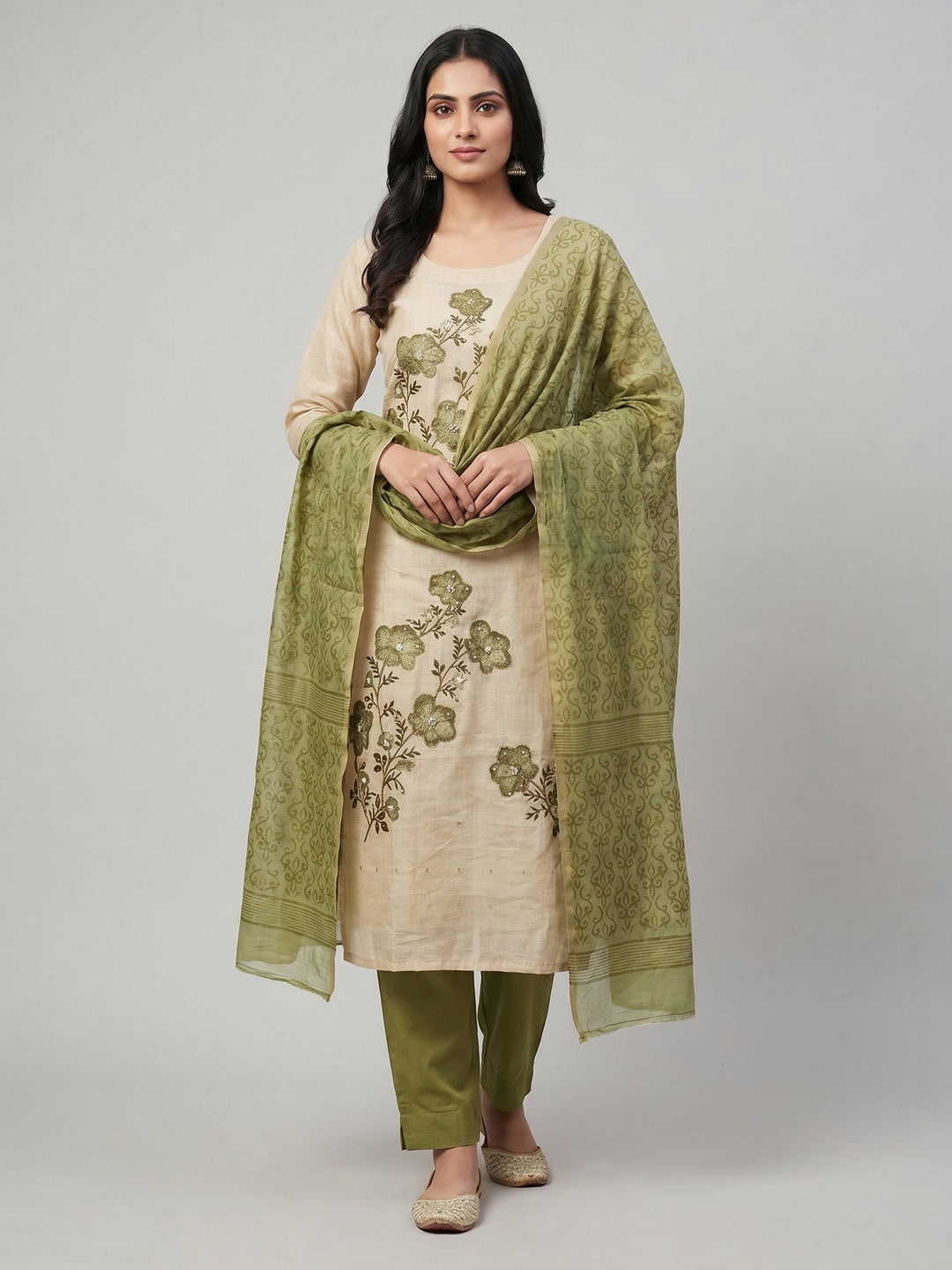Peachmode Green Linen Dress Material with Floral Print - Image 1