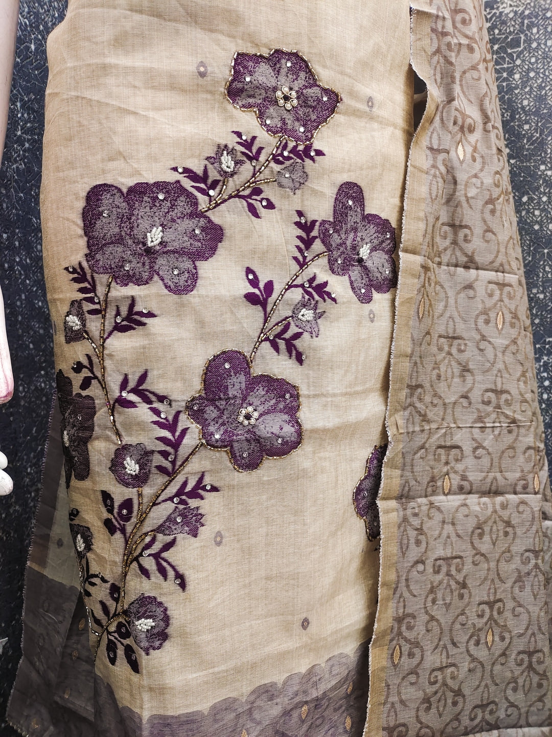 Peachmode Purple Linen Dress Material with Floral Print - Image 3