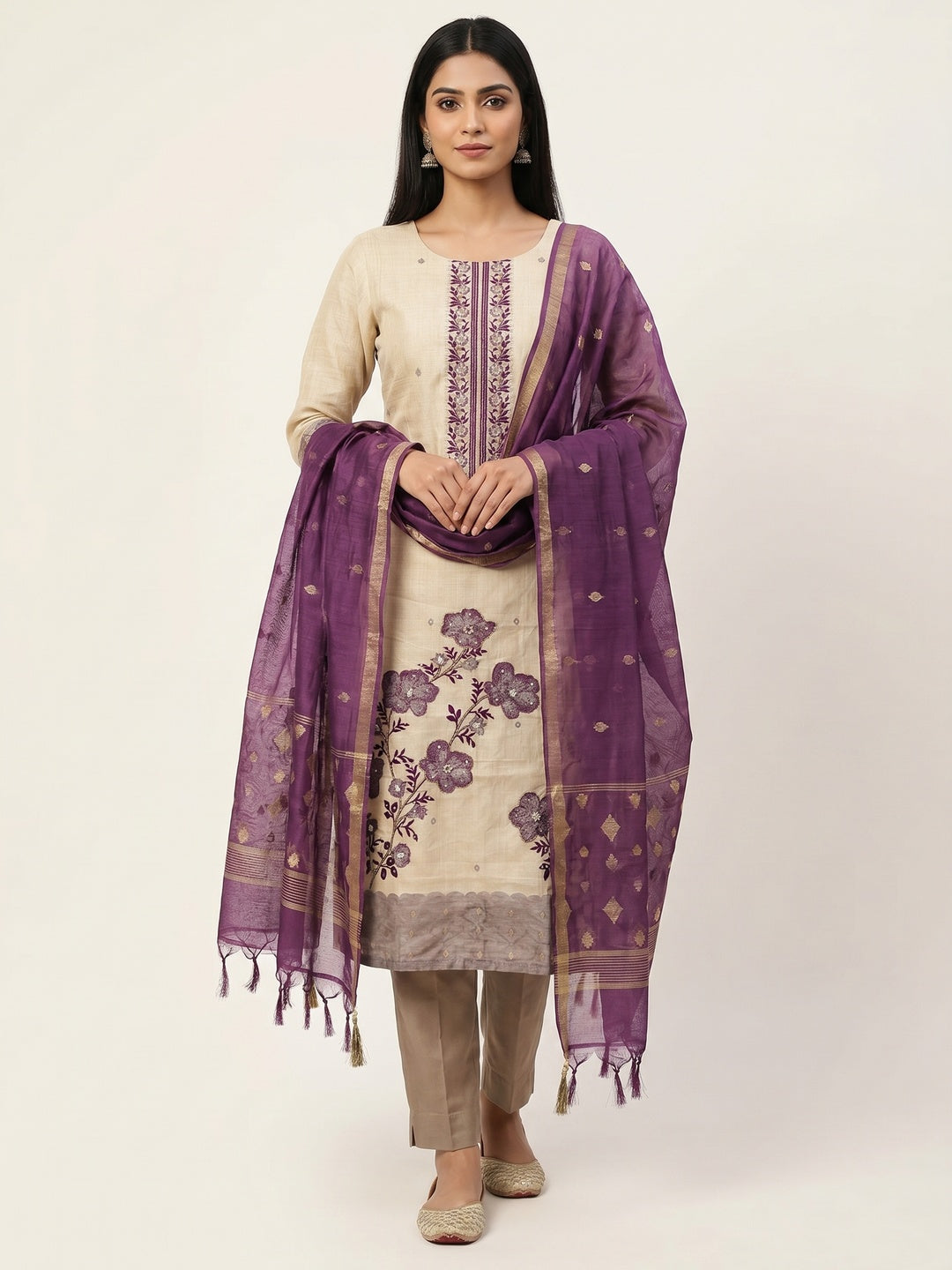Peachmode Purple Linen Dress Material with Floral Print - Image 5