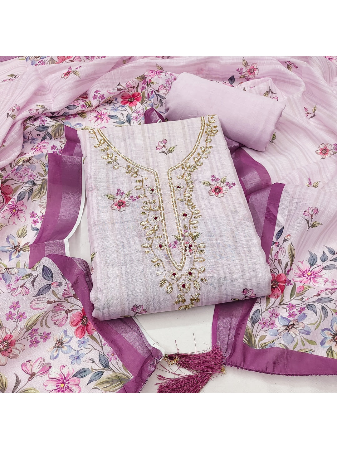 Peachmode Pink Linen Dress Material with Floral Print - Image 2