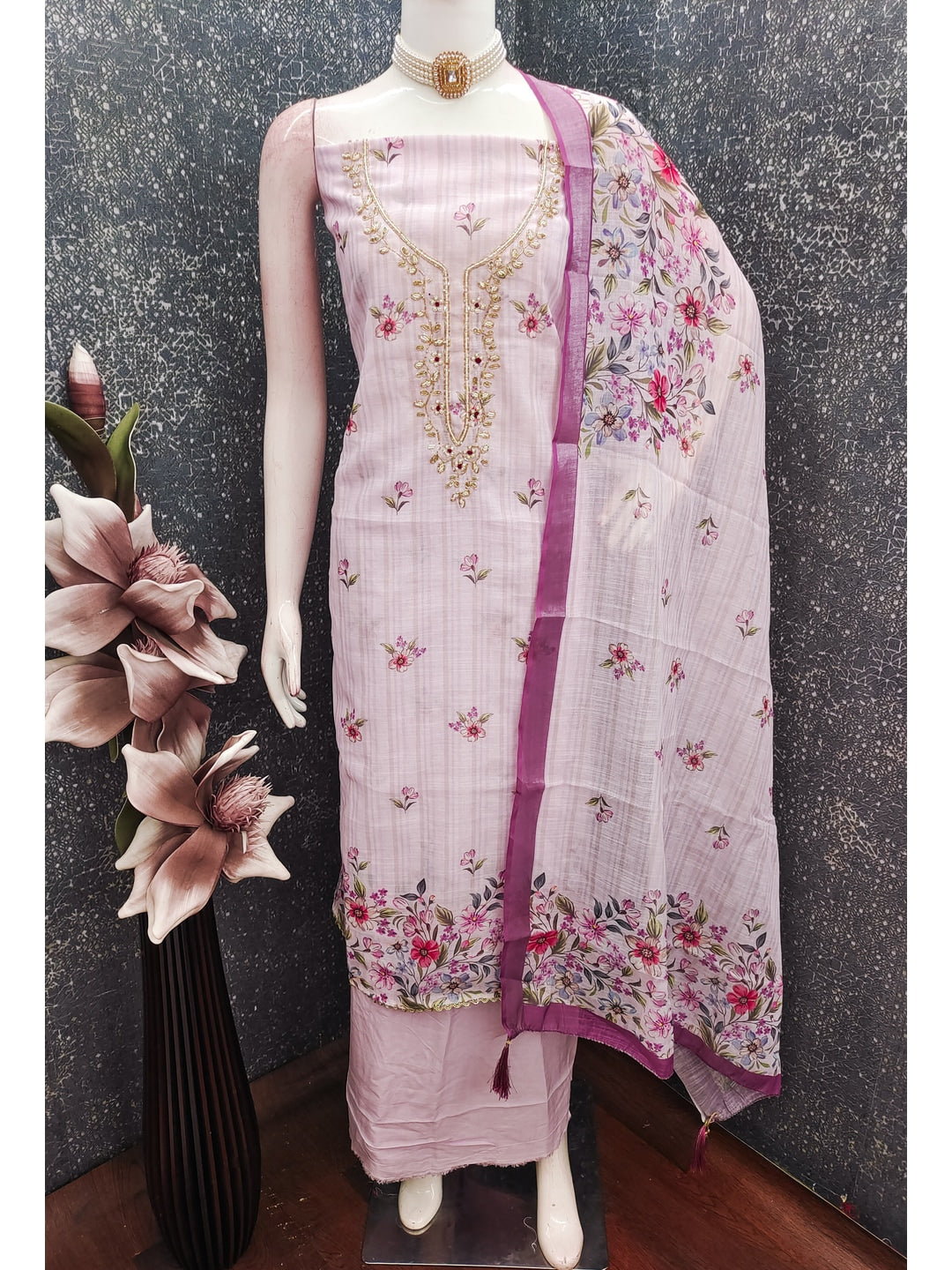 Peachmode Pink Linen Dress Material with Floral Print - Image 3