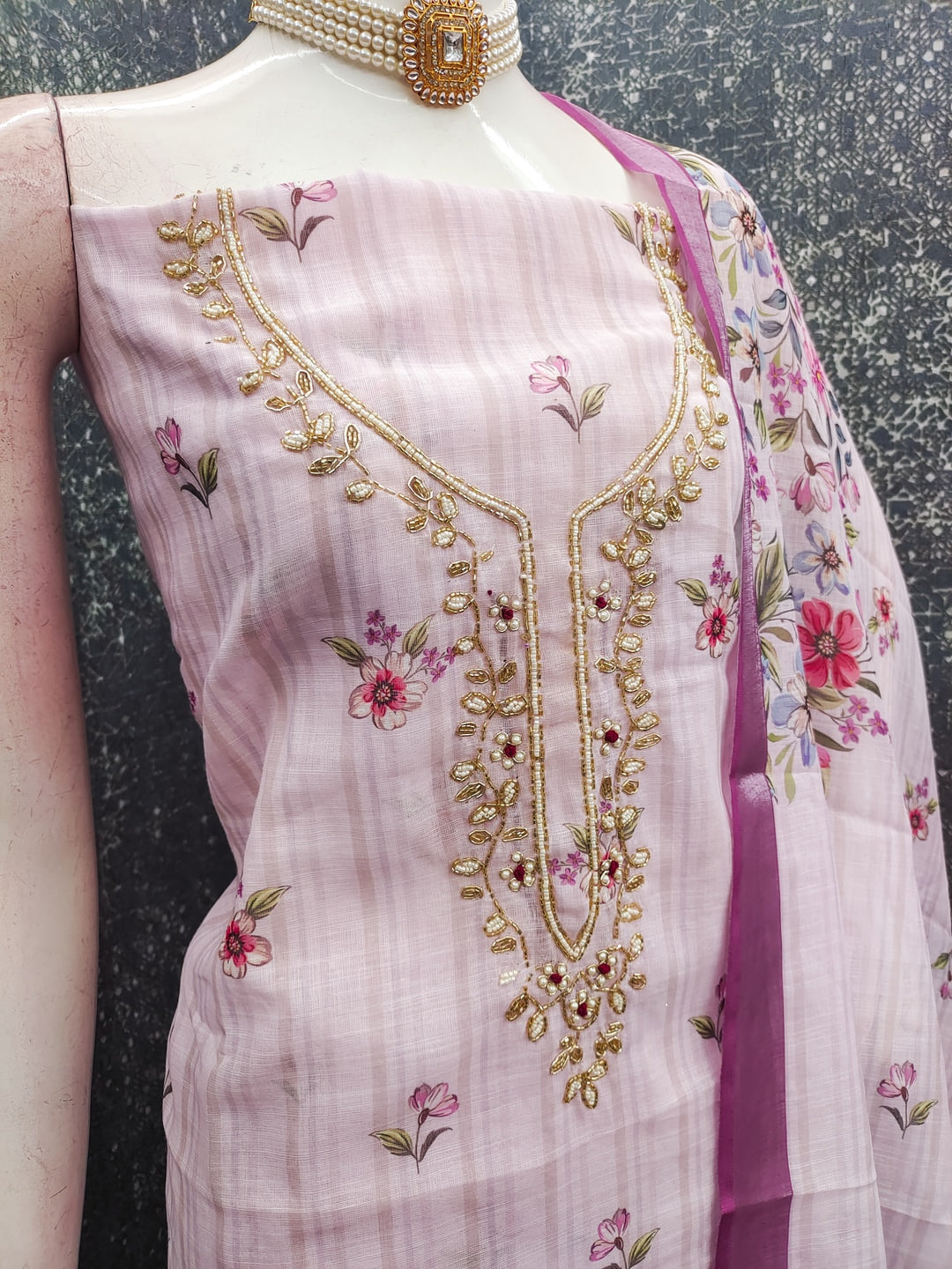 Peachmode Pink Linen Dress Material with Floral Print - Image 4