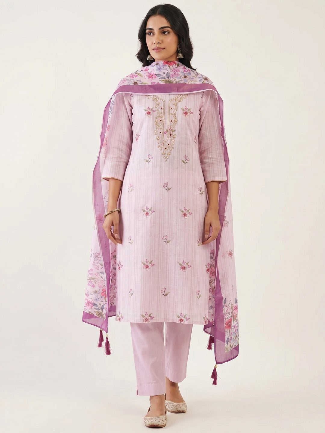 Peachmode Pink Linen Dress Material with Floral Print - Image 1