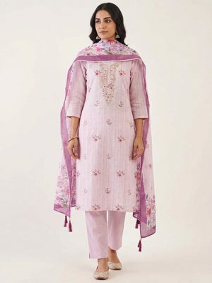 Peachmode Pink Linen Dress Material with Floral Print - Image 1