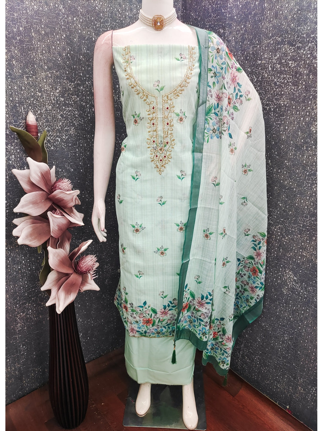 Peachmode Green Linen Dress Material with Floral Print - Image 3