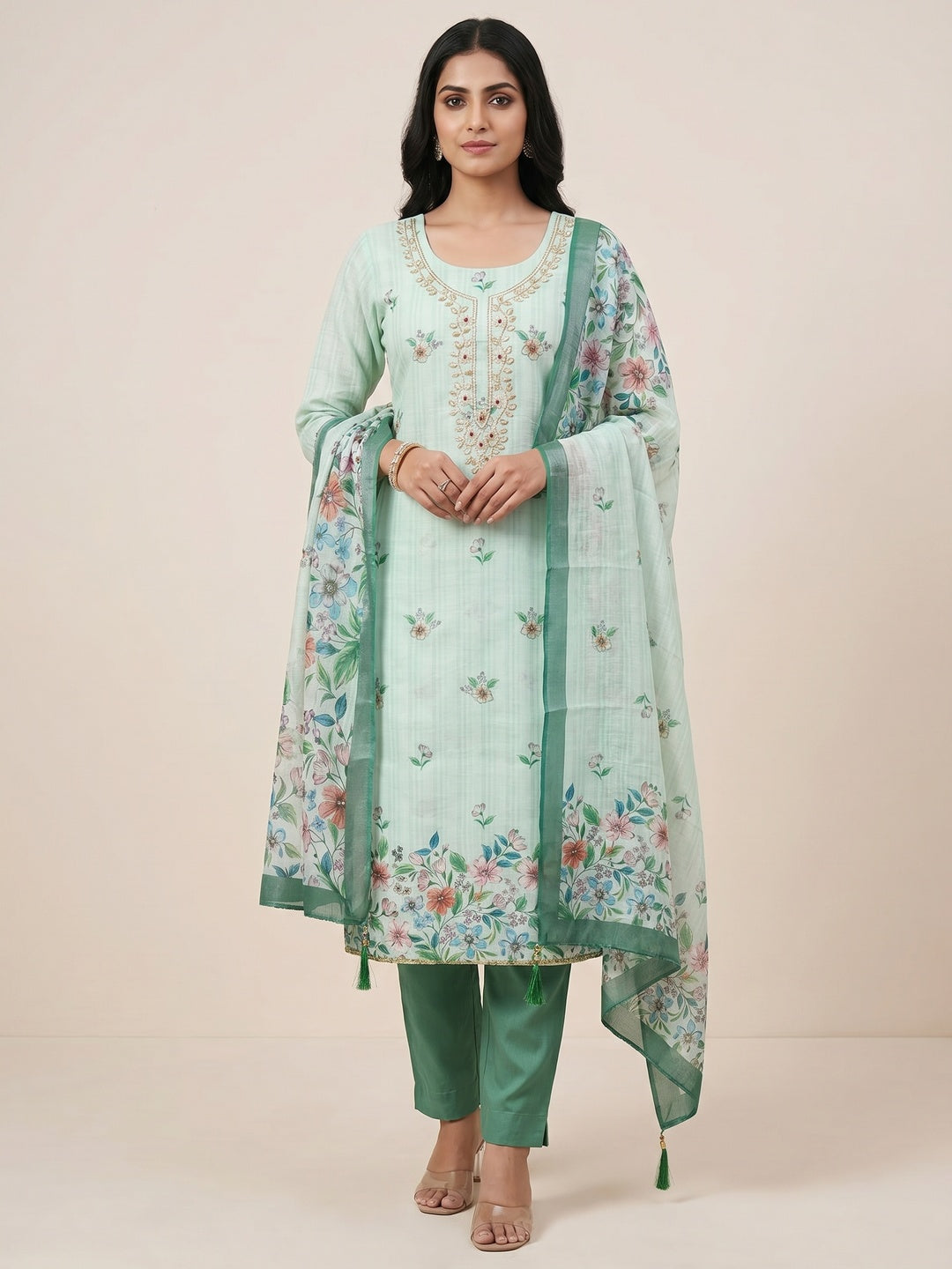 Peachmode Green Linen Dress Material with Floral Print - Image 1