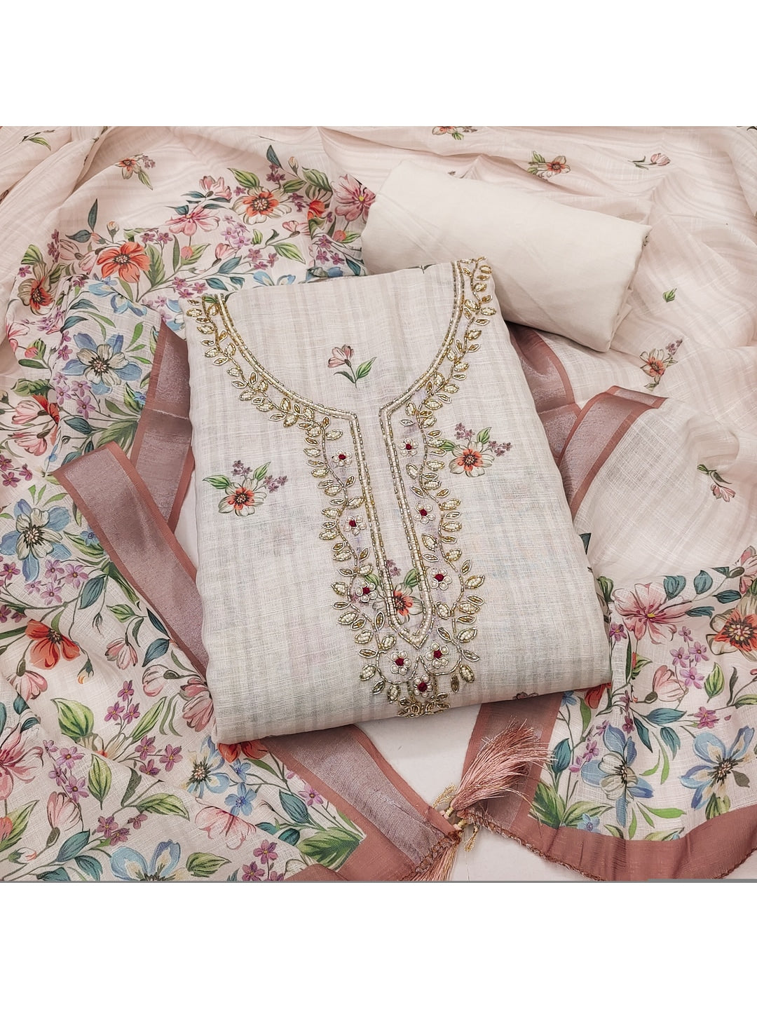 Peachmode Peach Linen Dress Material with Floral Print - Image 1