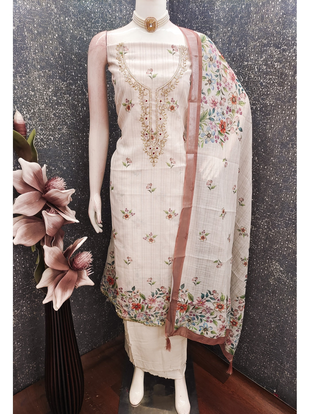 Peachmode Peach Linen Dress Material with Floral Print - Image 3