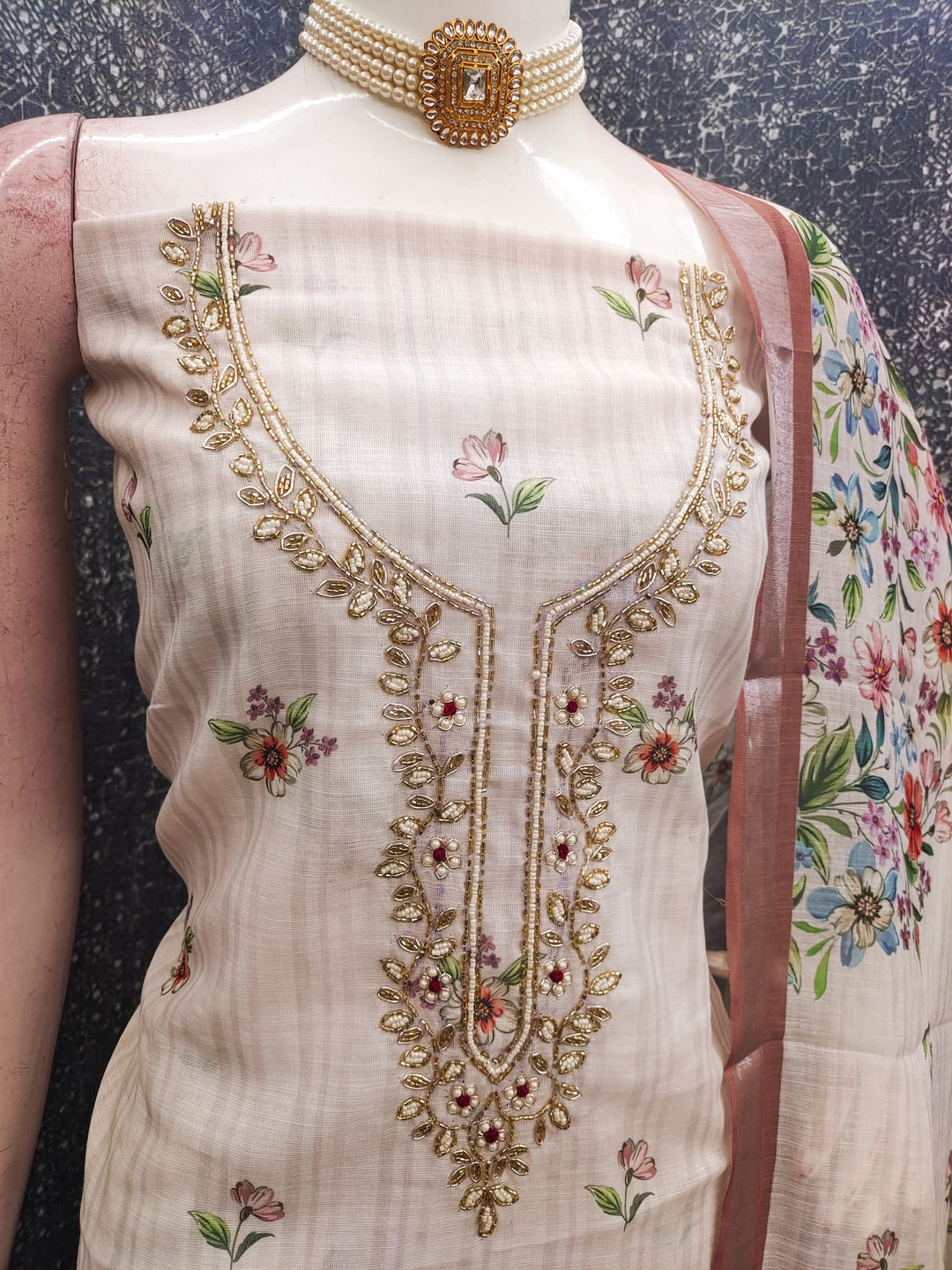 Peachmode Peach Linen Dress Material with Floral Print - Image 4