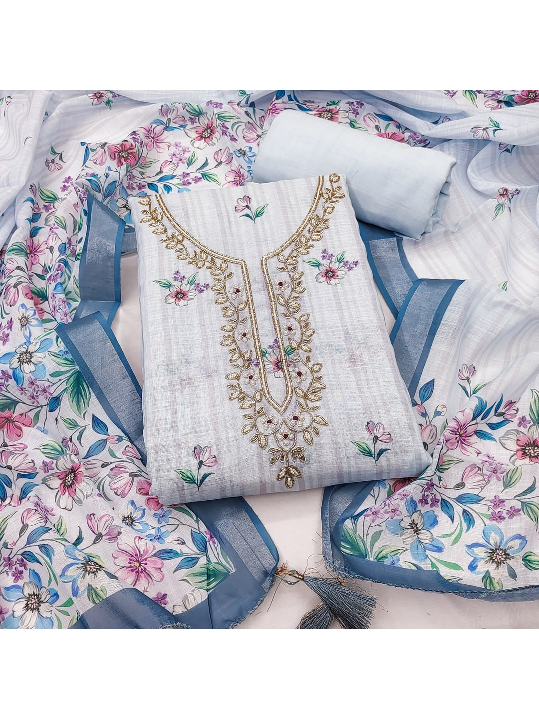 Peachmode Blue Linen Dress Material with Floral Print - Image 1