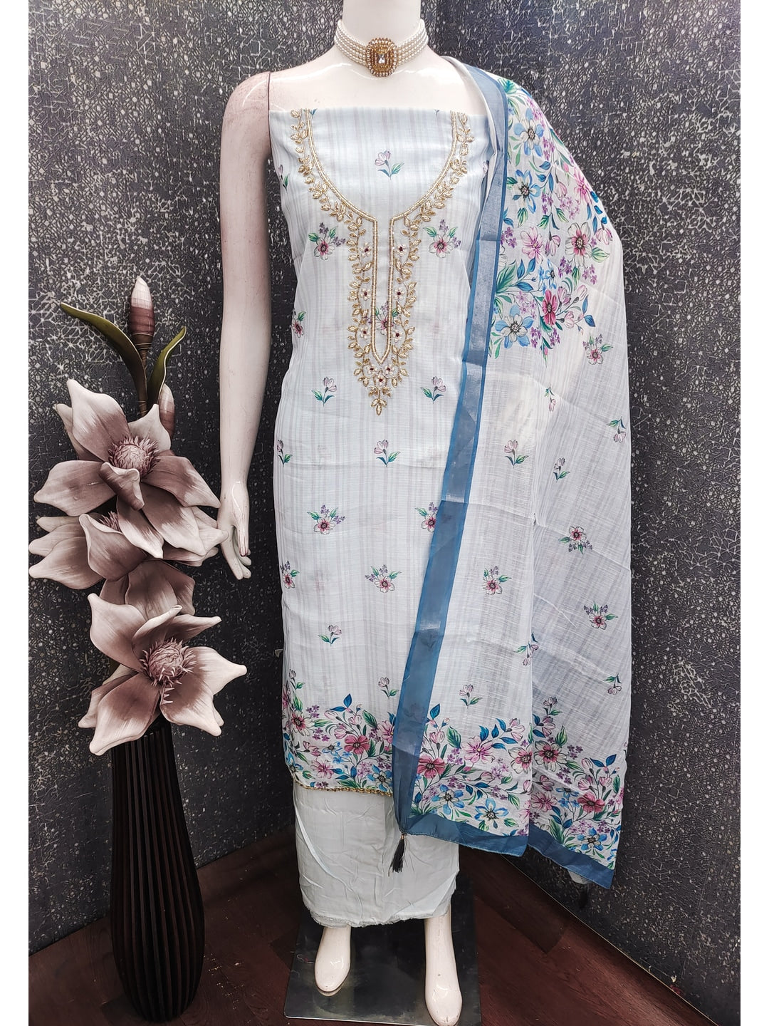 Peachmode Blue Linen Dress Material with Floral Print - Image 3