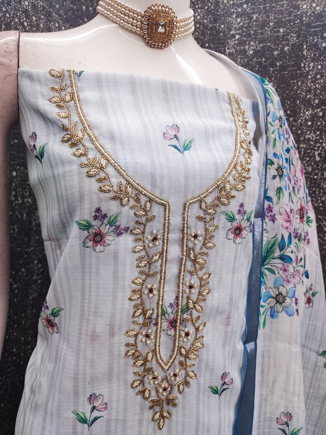 Peachmode Blue Linen Dress Material with Floral Print - Image 4